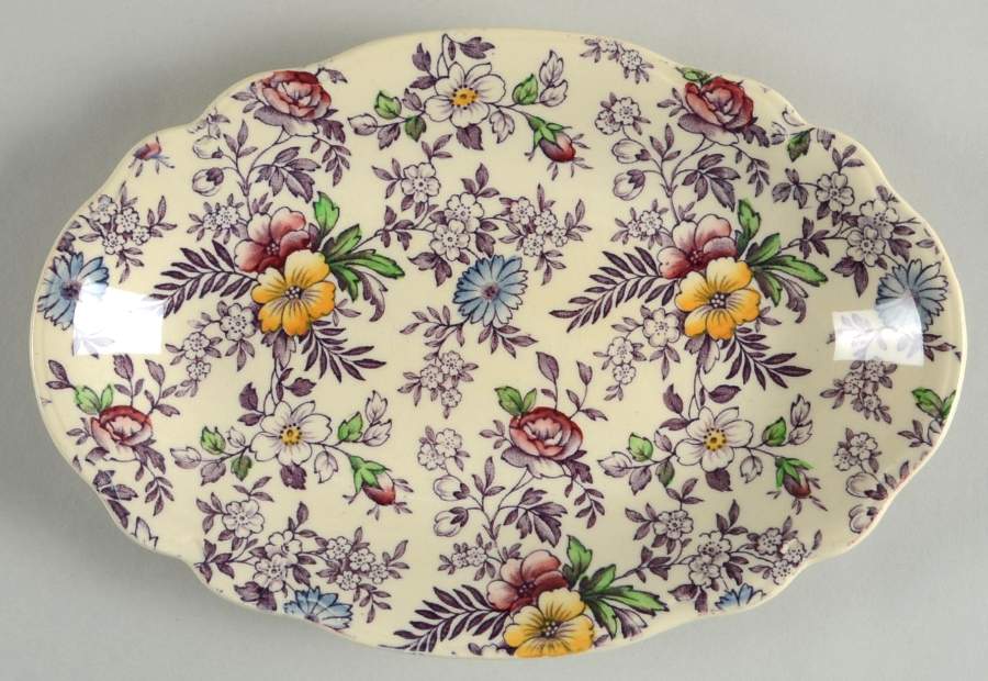 Old English Chintz Lavender Multicolor (Sovereign) Relish/Gravy Underplate by Johnson Brothers-1