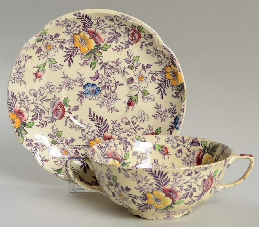Old English Chintz Lavender Multicolor (Sovereign) Flat Cream Soup Bowl & Saucer Set by Johnson Brothers-1