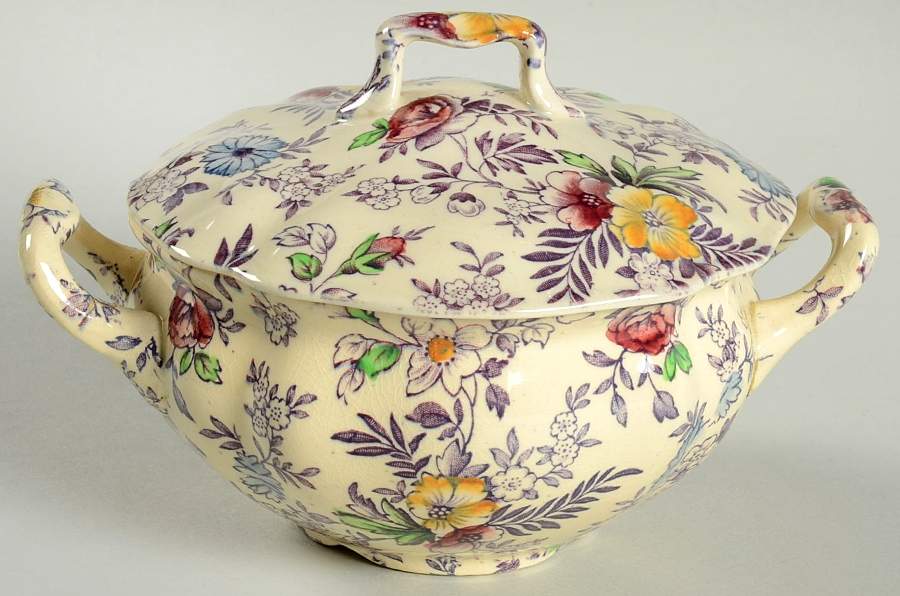 Old English Chintz Lavender Multicolor (Sovereign) Sugar Bowl & Lid by Johnson Brothers-1