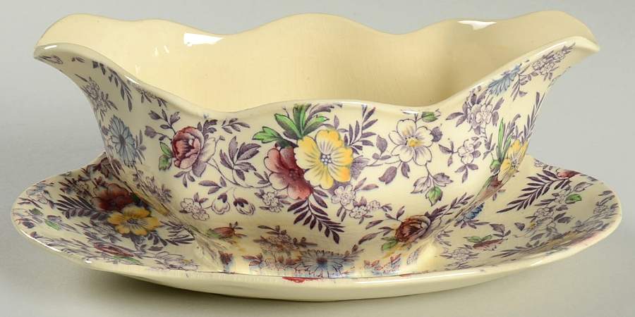 Old English Chintz Lavender Multicolor (Sovereign) Gravy Boat with Attached Underplate by Johnson Brothers-1