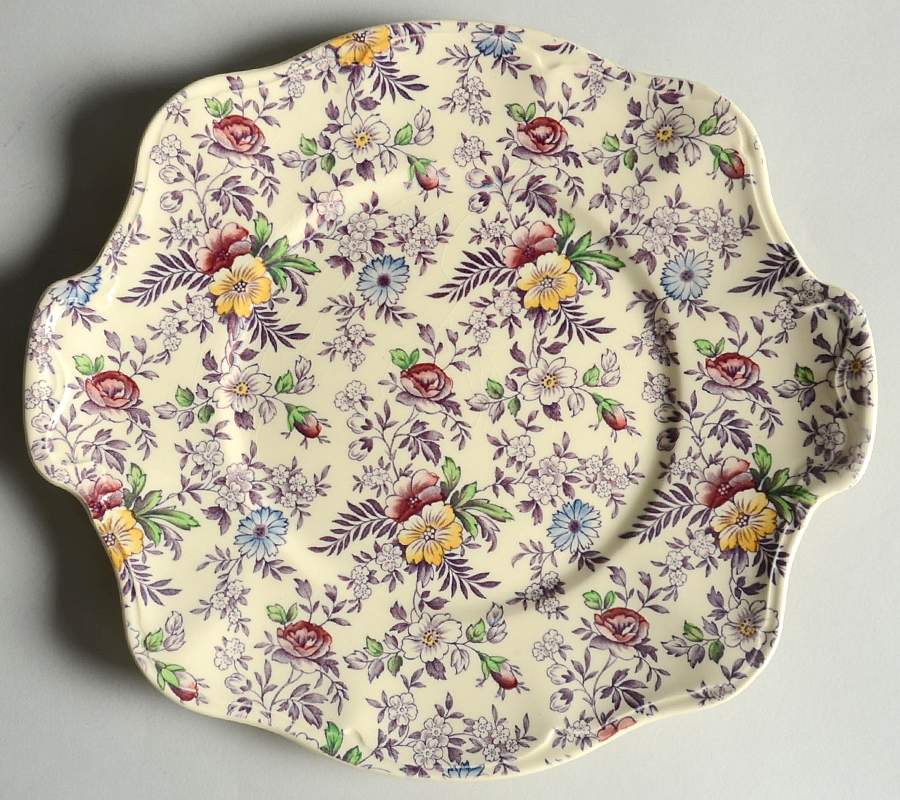 Old English Chintz Lavender Multicolor (Sovereign) Square Handled Cake Plate by Johnson Brothers-1