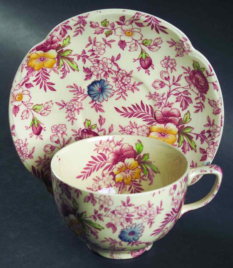 Old English Chintz Pink Multicolor Flat Cup & Saucer Set by Johnson Brothers-1