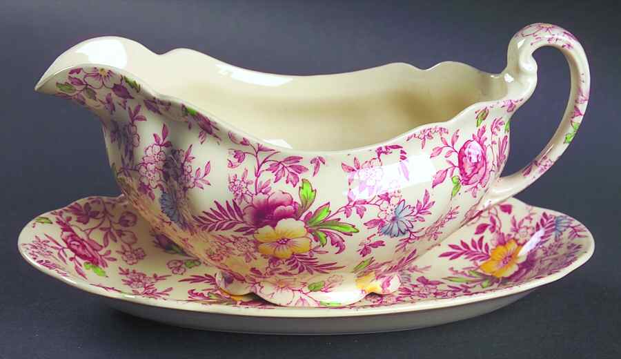 Old English Chintz Pink Multicolor Gravy Boat & Underplate/Relish by Johnson Brothers-1