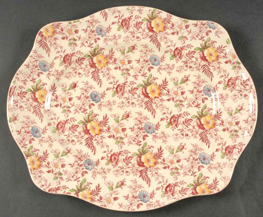 Old English Chintz Pink Multicolor 13" Oval Serving Platter by Johnson Brothers-1