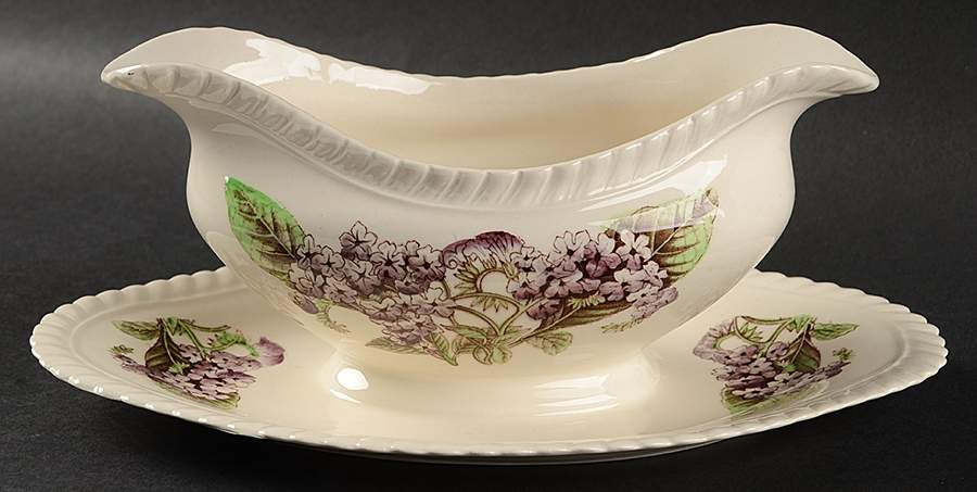 Old Flower Prints Gravy Boat with Attached Underplate by Johnson Brothers-1