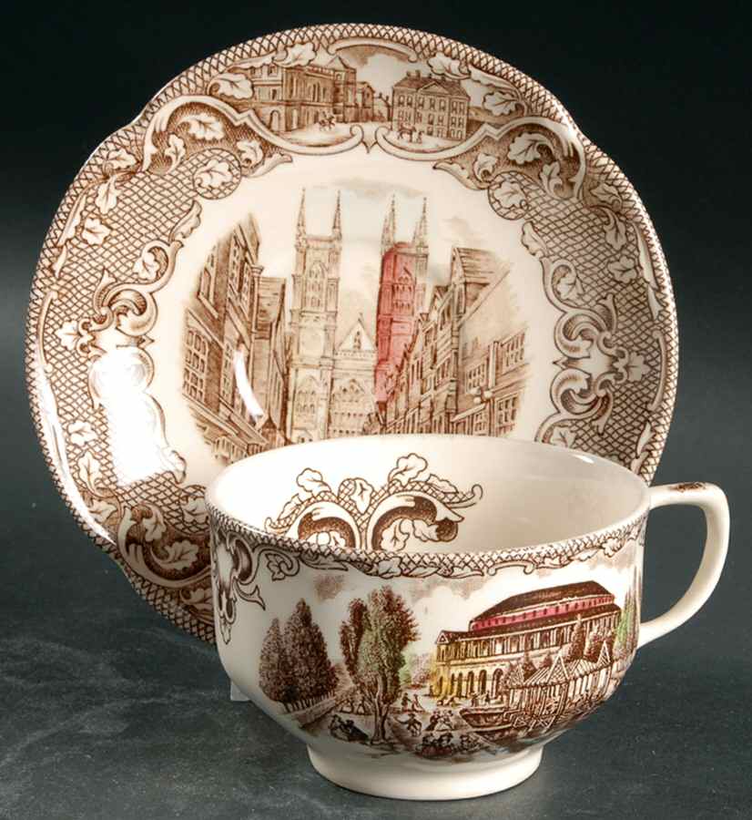 Old London Brown Multicolor Flat Cup & Saucer Set by Johnson Brothers-1