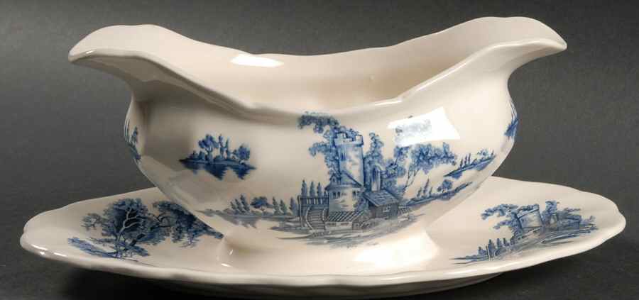 The Old Mill Blue Gravy Boat with Attached Underplate by Johnson Brothers-1