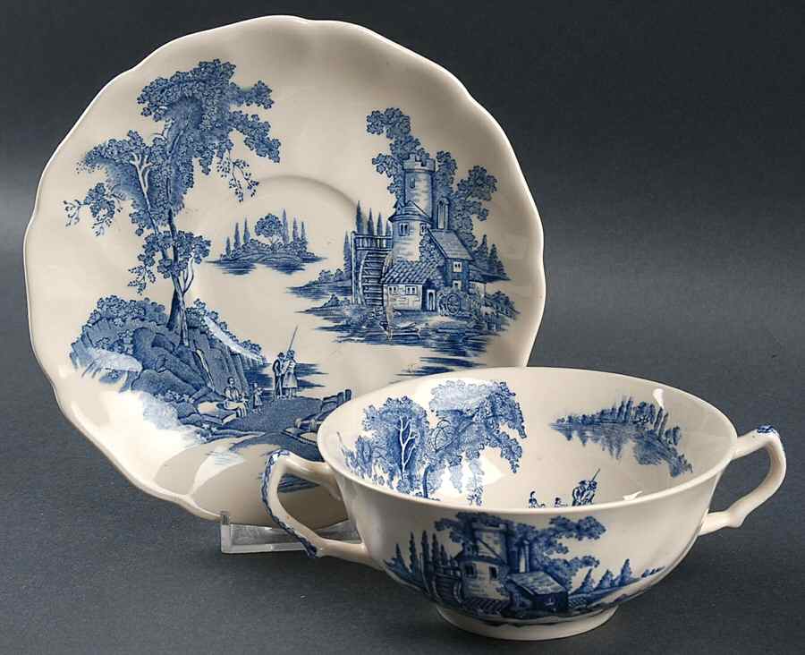 The Old Mill Blue Flat Cream Soup Bowl & Saucer Set by Johnson Brothers-1
