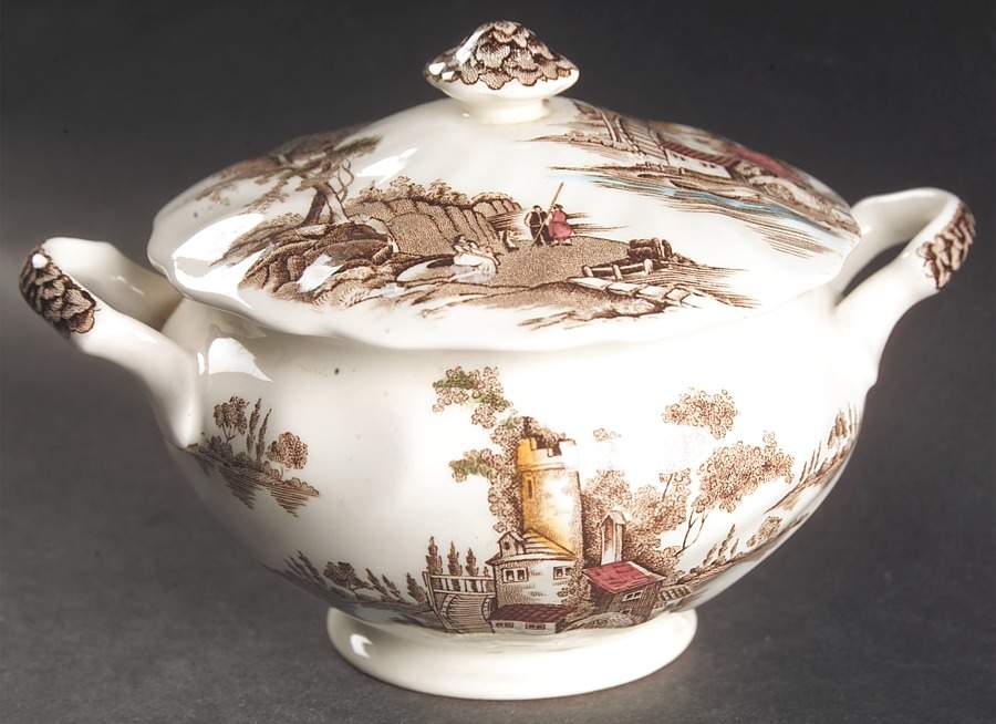 The Old Mill Brown Multicolor Sugar Bowl & Lid by Johnson Brothers-1