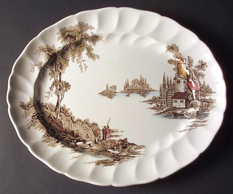 The Old Mill Brown Multicolor 15" Oval Serving Platter by Johnson Brothers-1