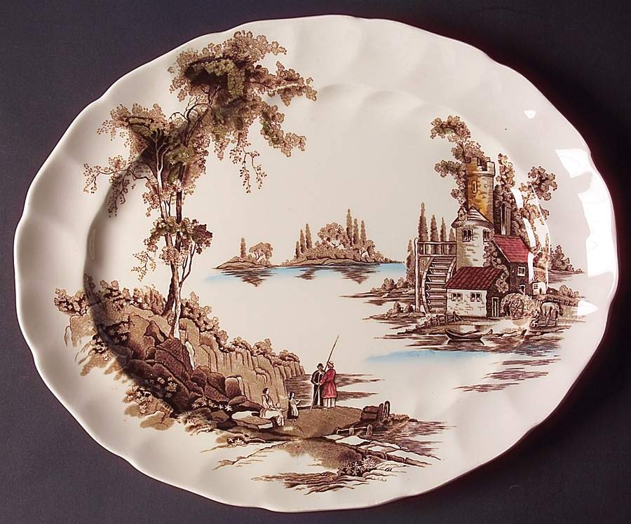 The Old Mill Brown Multicolor 13" Oval Serving Platter by Johnson Brothers-1