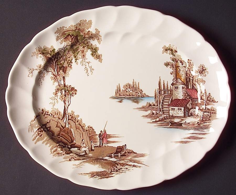 The Old Mill Brown Multicolor 11" Oval Serving Platter by Johnson Brothers-1
