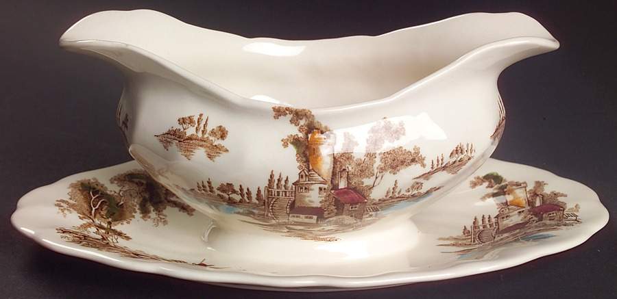 The Old Mill Brown Multicolor Gravy Boat with Attached Underplate by Johnson Brothers-1