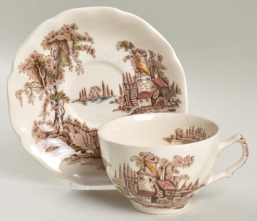 The Old Mill Brown Multicolor Flat Cup & Saucer Set by Johnson Brothers-1