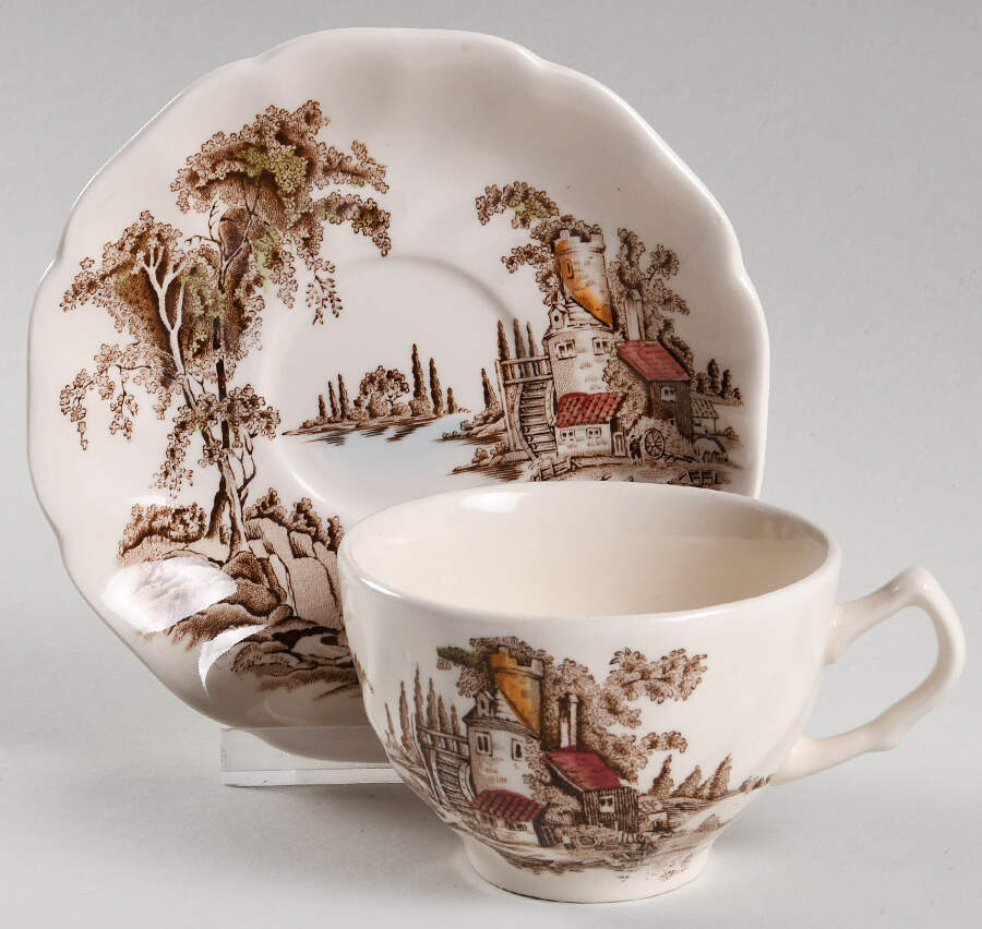 The Old Mill Brown Multicolor Flat Cup & Saucer Set by Johnson Brothers-1