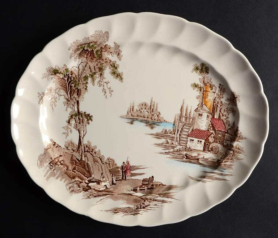 The Old Mill Brown Multicolor 12" Oval Serving Platter by Johnson Brothers-1