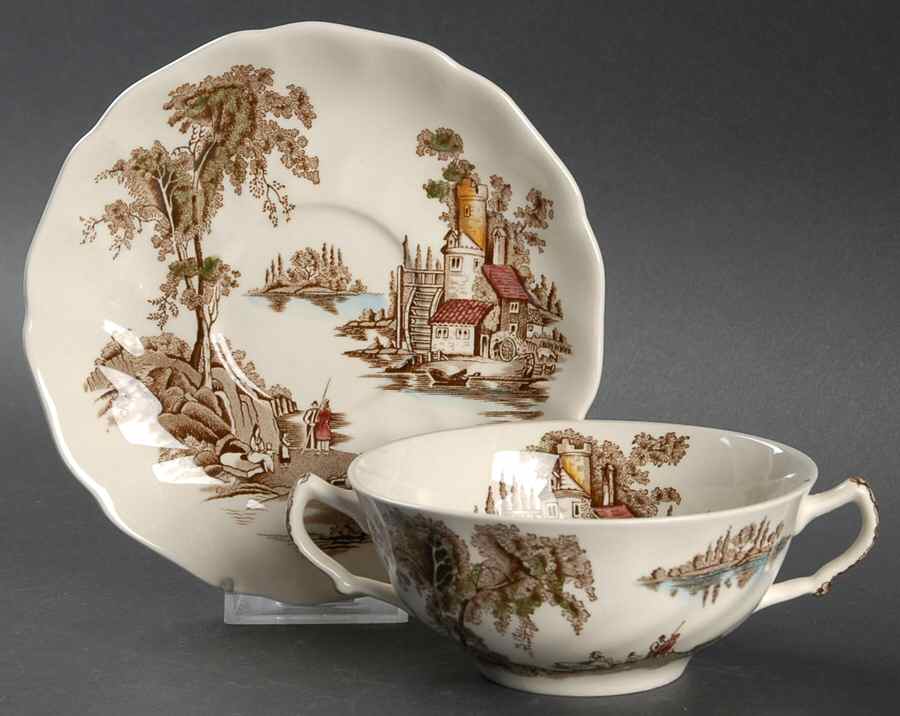 The Old Mill Brown Multicolor Flat Cream Soup Bowl & Saucer Set by Johnson Brothers-1