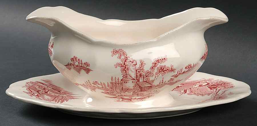 The Old Mill Pink Gravy Boat with Attached Underplate by Johnson Brothers-1