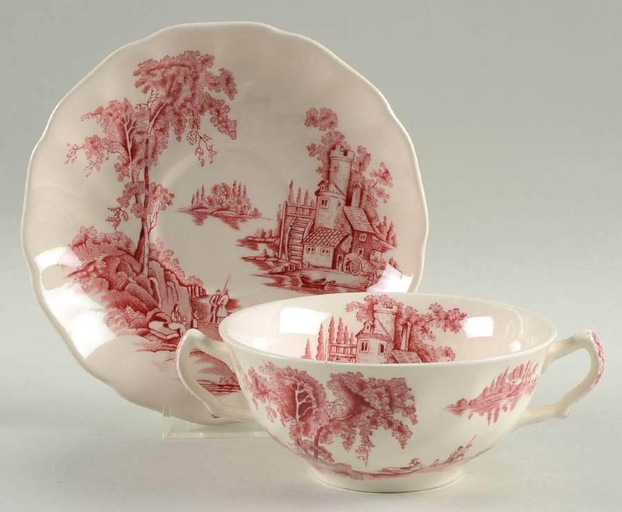 The Old Mill Pink Flat Cream Soup Bowl & Saucer Set by Johnson Brothers-1