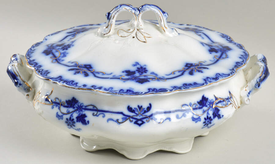 Oxford (Flow Blue) Round Covered Vegetable by Johnson Brothers-1
