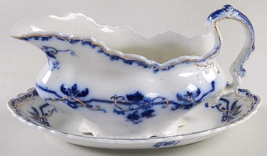 Oxford (Flow Blue) Gravy Boat & Underplate/Relish by Johnson Brothers-1