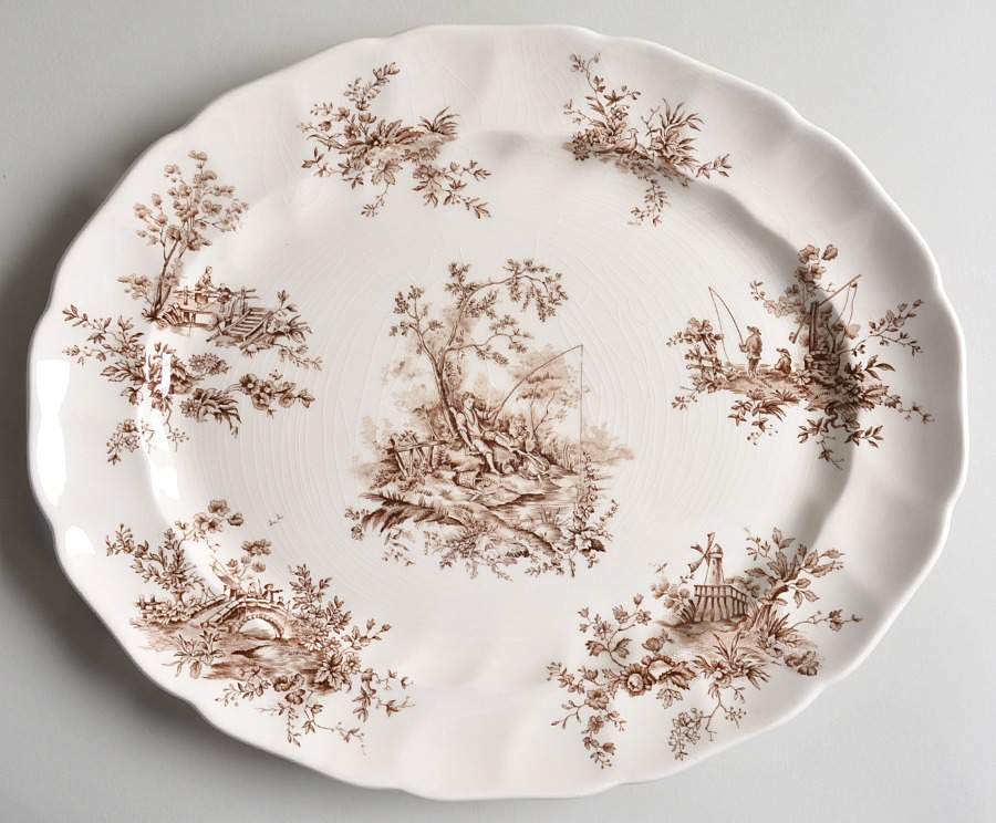 Pastorale Toile De Jouy Brown 13" Oval Serving Platter by Johnson Brothers-1