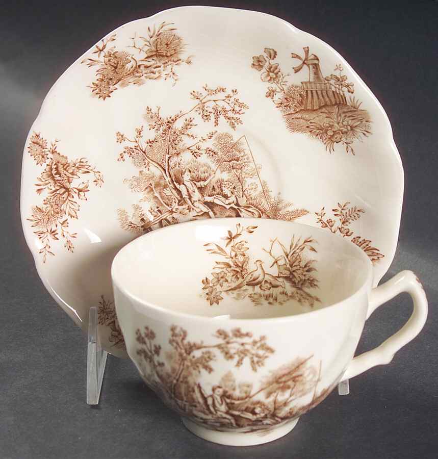 Pastorale Toile De Jouy Brown Flat Cup & Saucer Set by Johnson Brothers-1