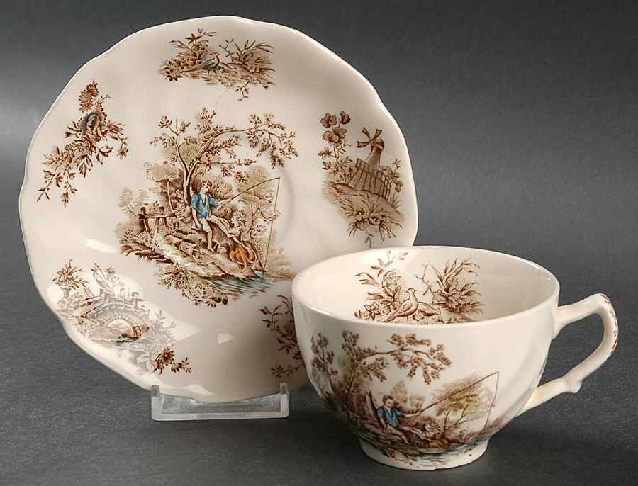 Pastorale Toile De Jouy Brown Multicolor Flat Cup & Saucer Set by Johnson Brothers-1