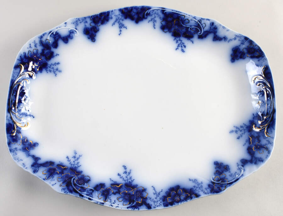 Peach (Flow Blue, Gold Accents) 17" Oval Serving Platter by Johnson Brothers-1