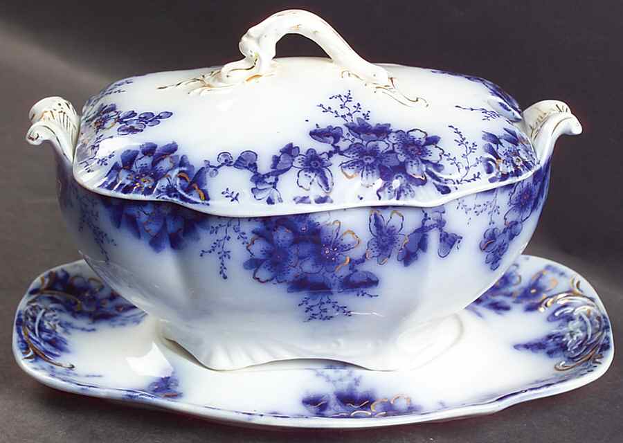 Peach (Flow Blue, Gold Accents) Gravy Boat & Lid w/Underplate by Johnson Brothers-1