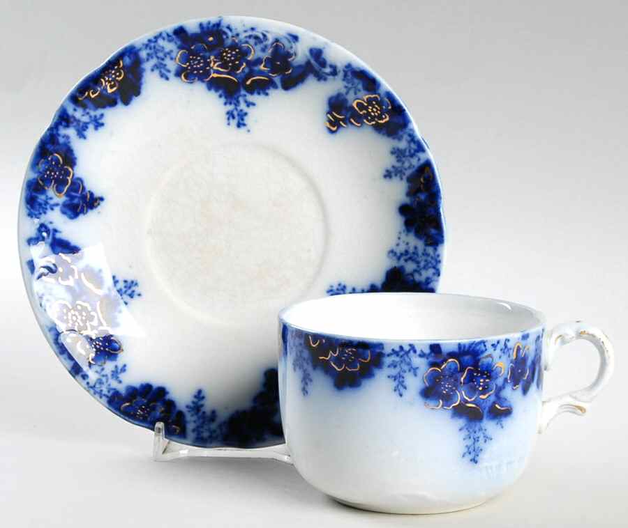 Peach (Flow Blue, Gold Accents) Flat Cup & Saucer Set by Johnson Brothers-1