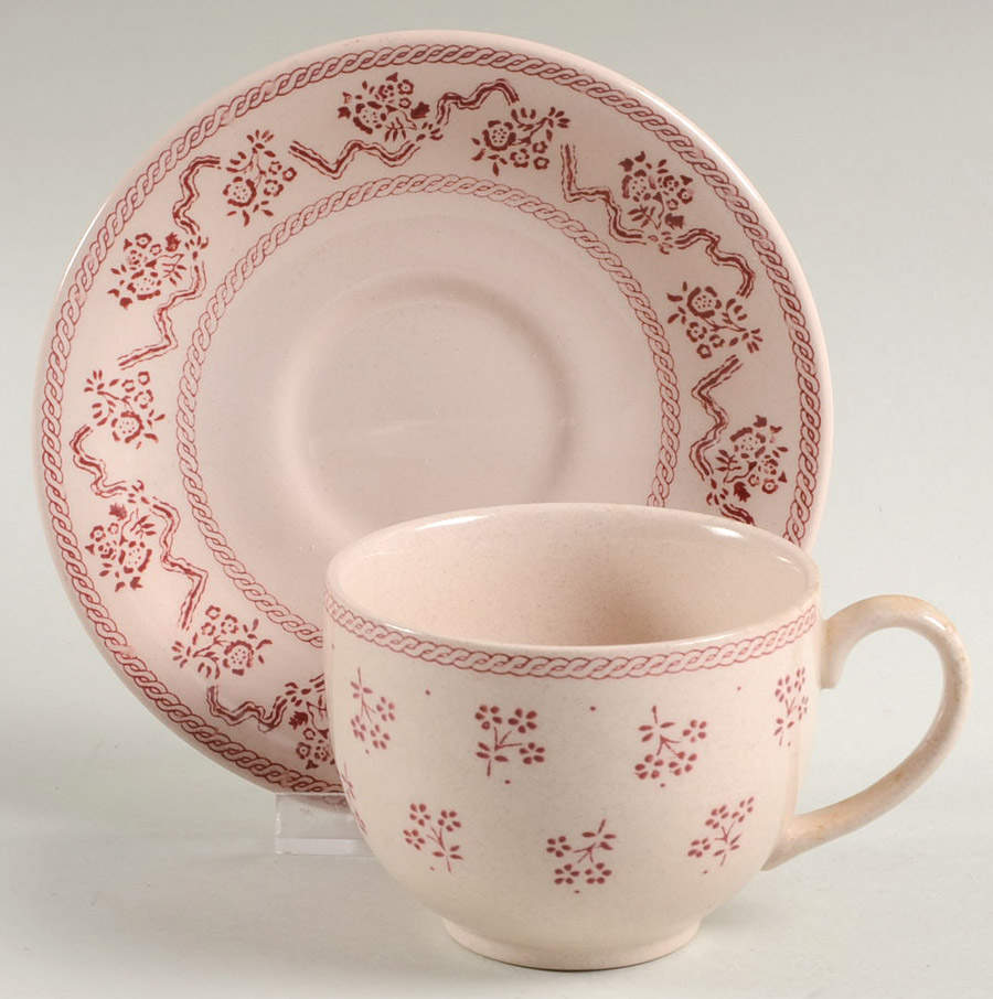 Petite Fleur Burgundy Pink Flat Cup & Saucer Set by Johnson Brothers-1