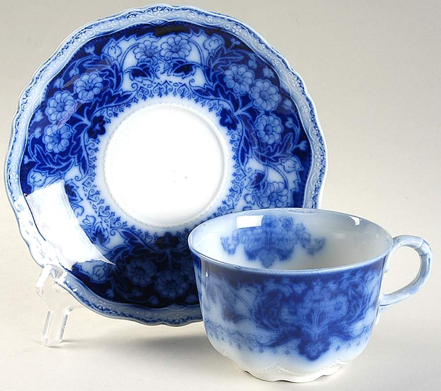 Pekin (Flow Blue) Flat Cup & Saucer Set by Johnson Brothers-1