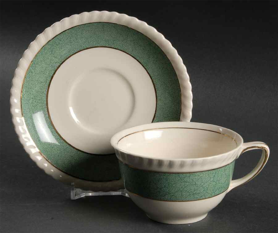 Powder Border Green & White Flat Cup & Saucer Set by Johnson Brothers-1