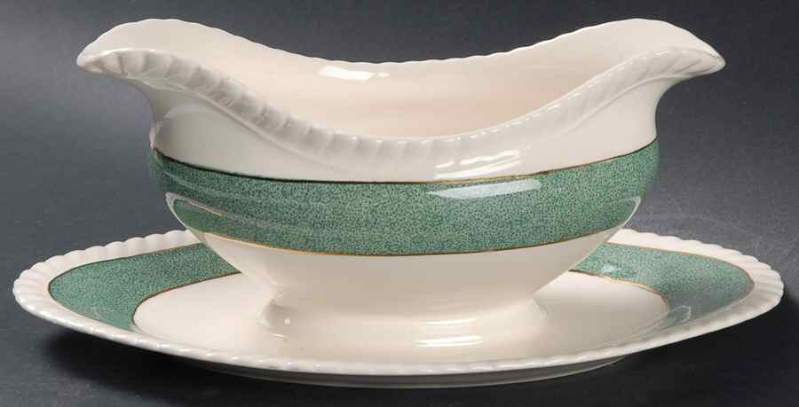 Powder Border Green & White Gravy Boat with Attached Underplate by Johnson Brothers-1