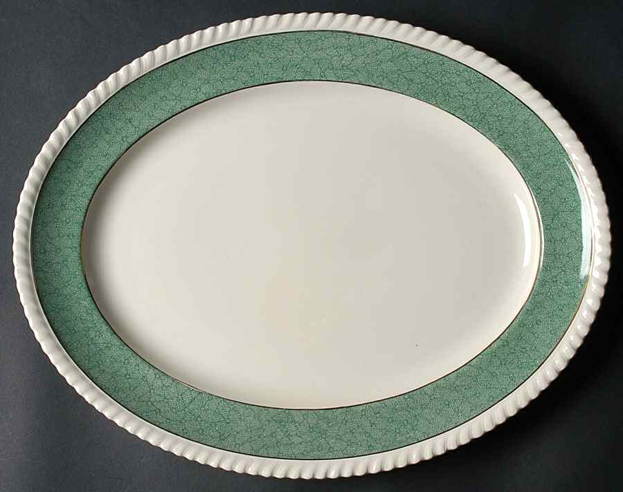 Powder Border Green & White 14" Oval Serving Platter by Johnson Brothers-1