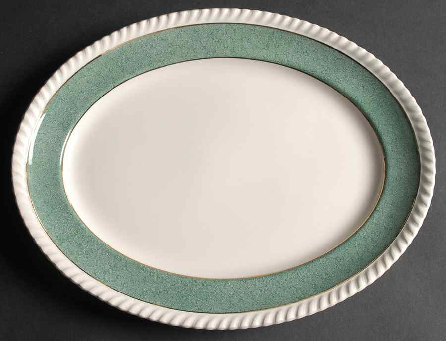 Powder Border Green & White 12" Oval Serving Platter by Johnson Brothers-1