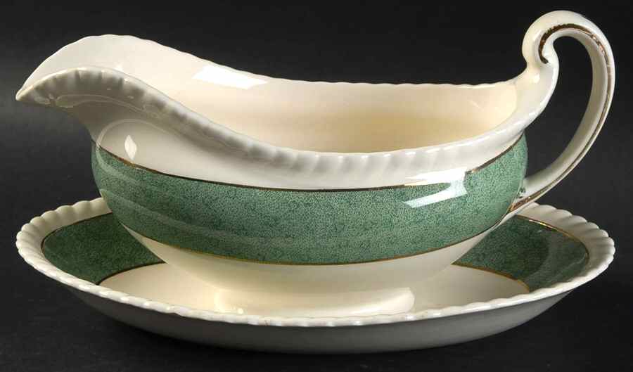 Powder Border Green & White Gravy Boat & Underplate/Relish by Johnson Brothers-1