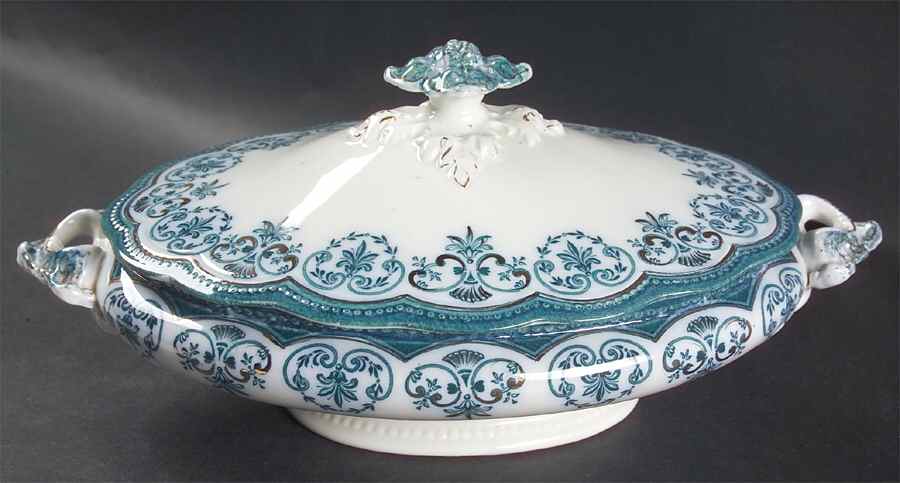 Regent (Aqua Design, Gold Accent) Oval Covered Vegetable by Johnson Brothers-1