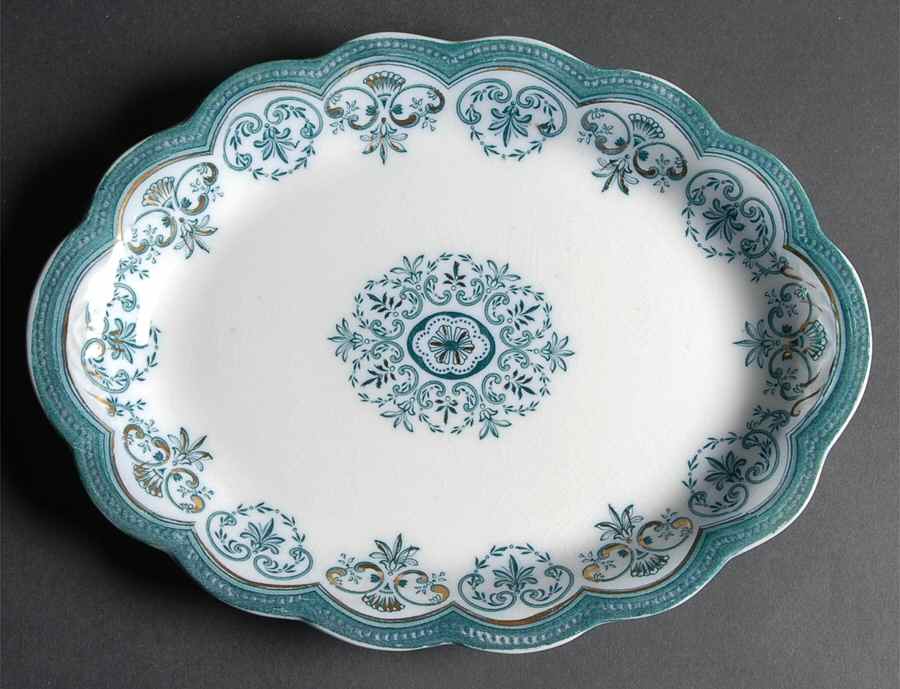 Regent (Aqua Design, Gold Accent) 12" Oval Serving Platter by Johnson Brothers-1