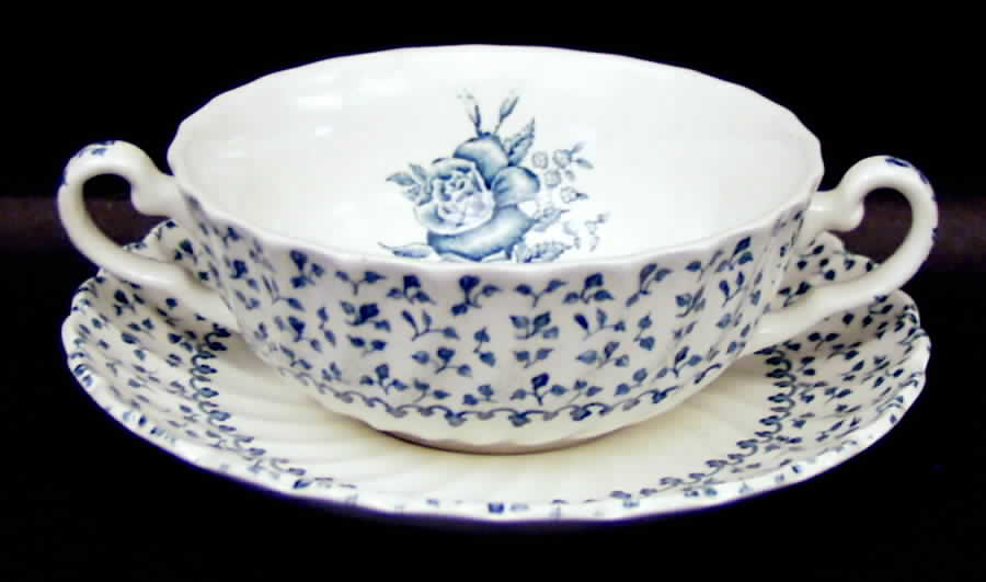 Rose Bouquet Blue Flat Cream Soup Bowl & Saucer Set by Johnson Brothers-1