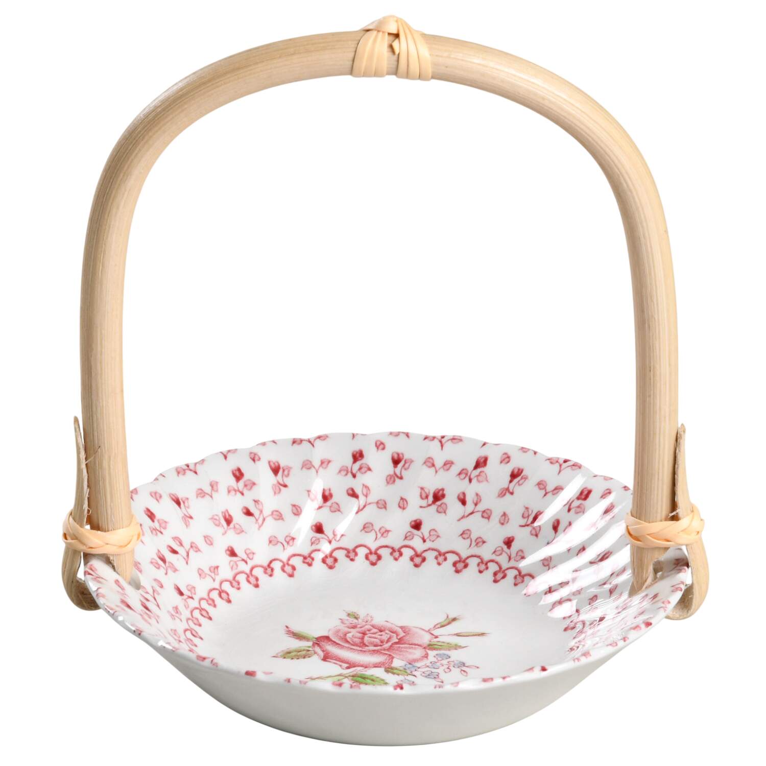 Rose Bouquet Pink 7''-7 1/4'' Basket W/Bamboo Handle HC by Johnson Brothers-1