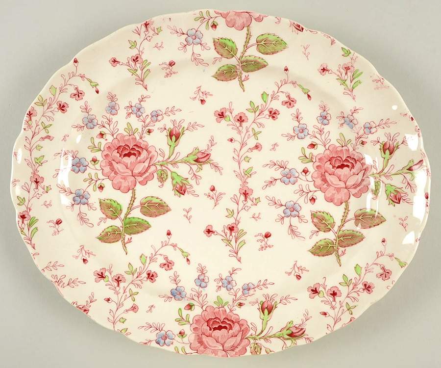 Rose Chintz Pink ("Made in England" Mark) 12" Oval Serving Platter by Johnson Brothers-1