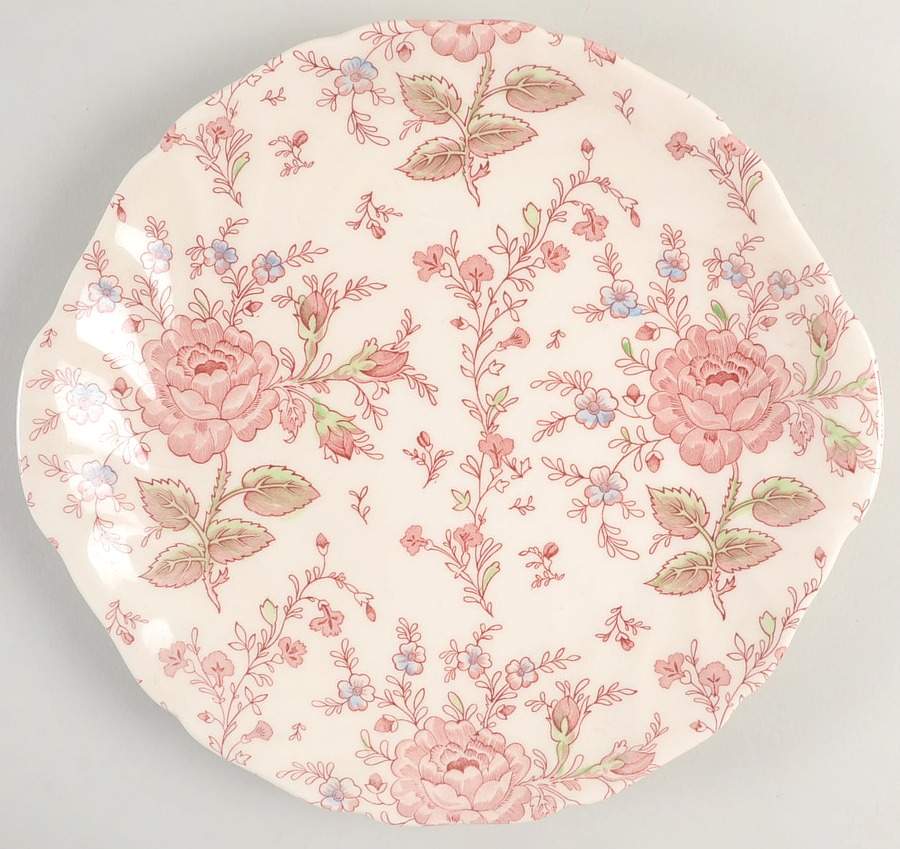 Rose Chintz Pink ("Made in England" Mark) Handled Cake Plate by Johnson Brothers-1