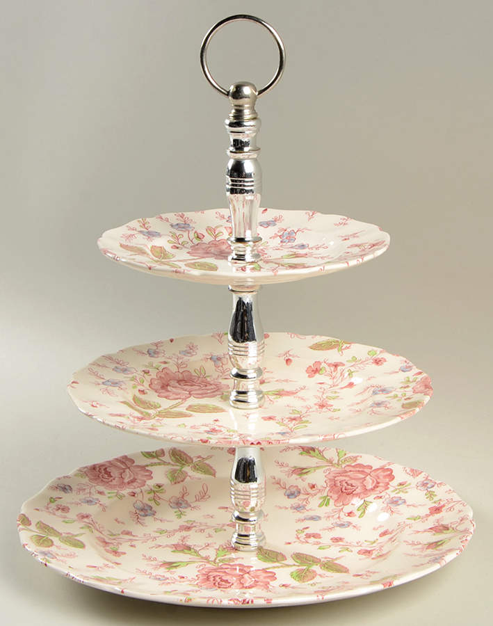 Rose Chintz Pink ("Made in England" Mark) 3 Tiered Serving Tray (DPM1,SPM1,BBM1) by Johnson Brothers-1