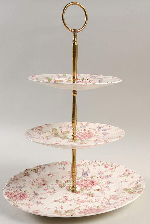 Rose Chintz Pink ("Made in England" Mark) 3-Tiered Serving Tray (DP, DES, BB) by Johnson Brothers-1