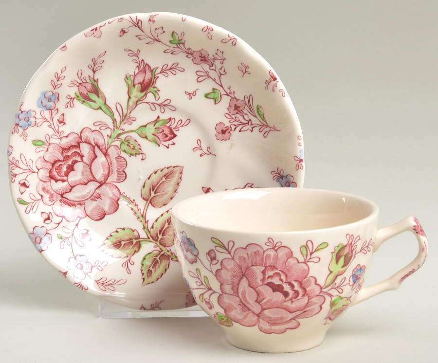 Rose Chintz Pink ("Made in England" Mark) Flat Cup & Saucer Set by Johnson Brothers-1