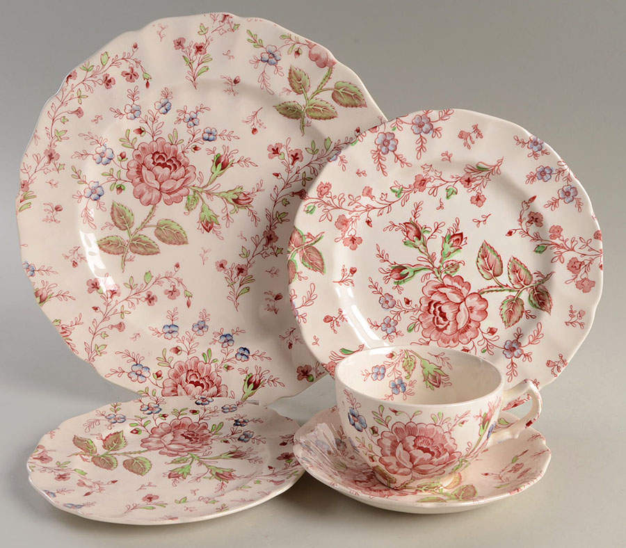 Rose Chintz Pink ("Made in England" Mark) 40 Piece Estate Set by Johnson Brothers-1