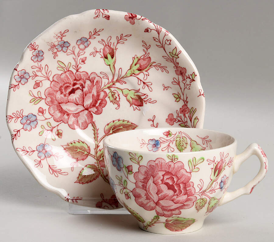 Rose Chintz Pink ("Made in England" Mark) Flat Cup & Saucer Set by Johnson Brothers-1