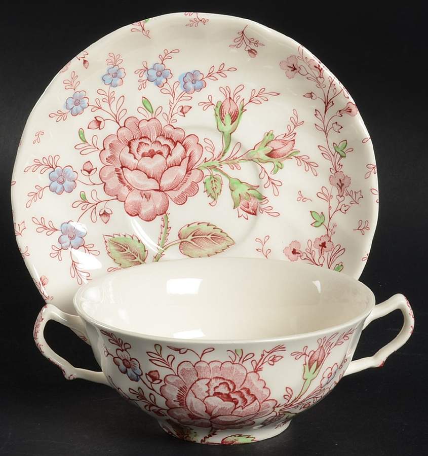 Rose Chintz Pink ("Made in England" Mark) Flat Cream Soup & Saucer Set by Johnson Brothers-1